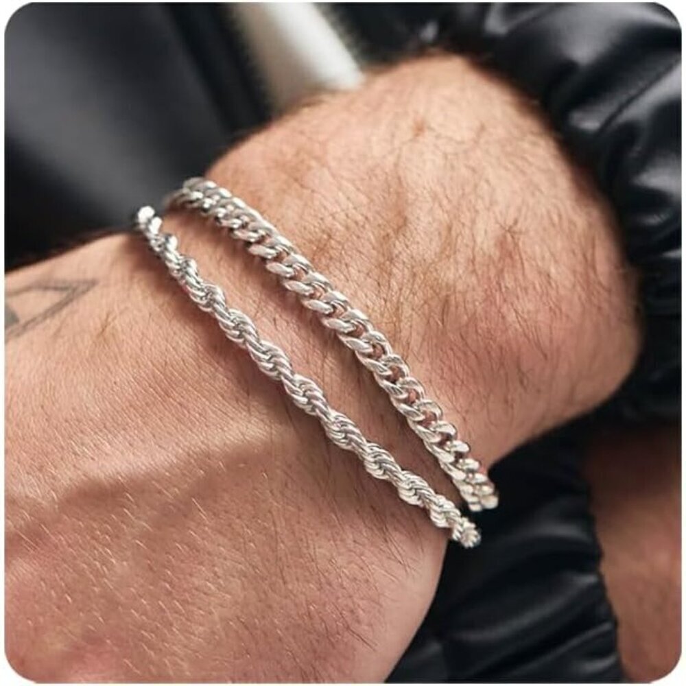 👉 Men Silver Sterling Silver 7-9inch Figaro Rope Cuban Link 2 Pcs Chain Bracelet